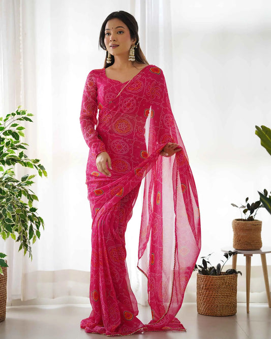 Pink Chiffon Soft Light Weight Bandhej Print Pre Draped Ready To Wear  Saree