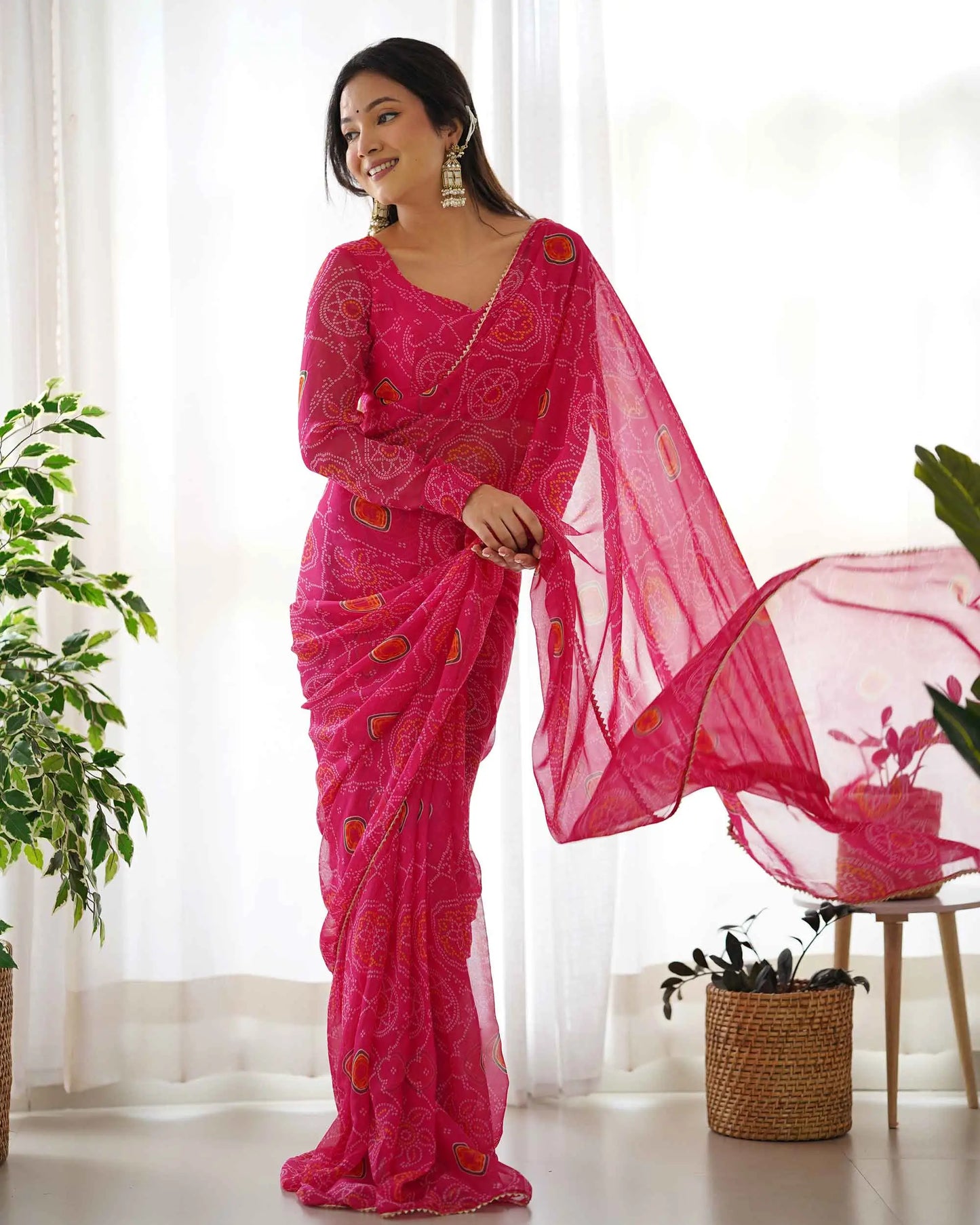 Pink Chiffon Soft Light Weight Bandhej Print Pre Draped Ready To Wear  Saree