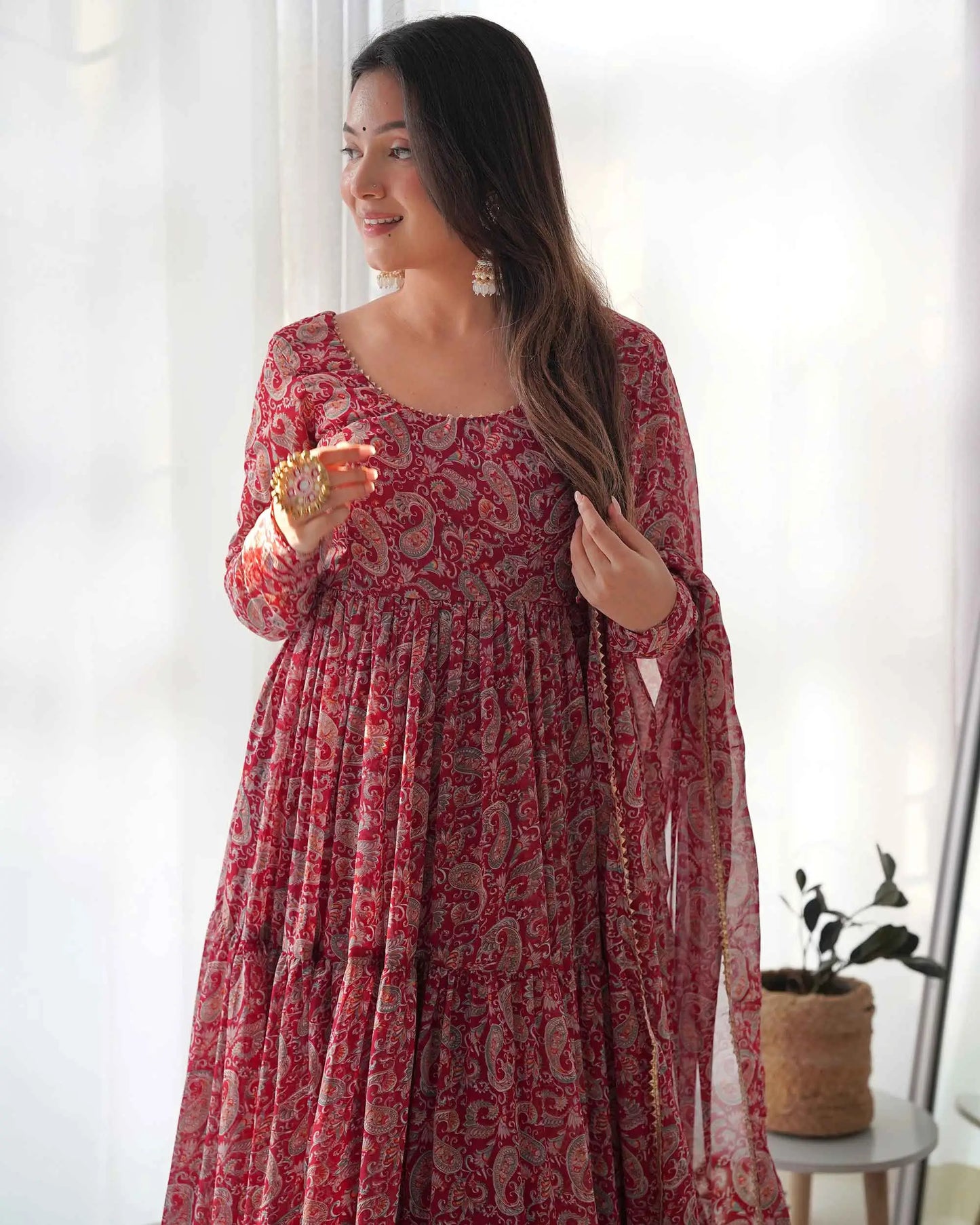 Maroon Georgette Kalamkari Print Anarkali Gown With Dupatta