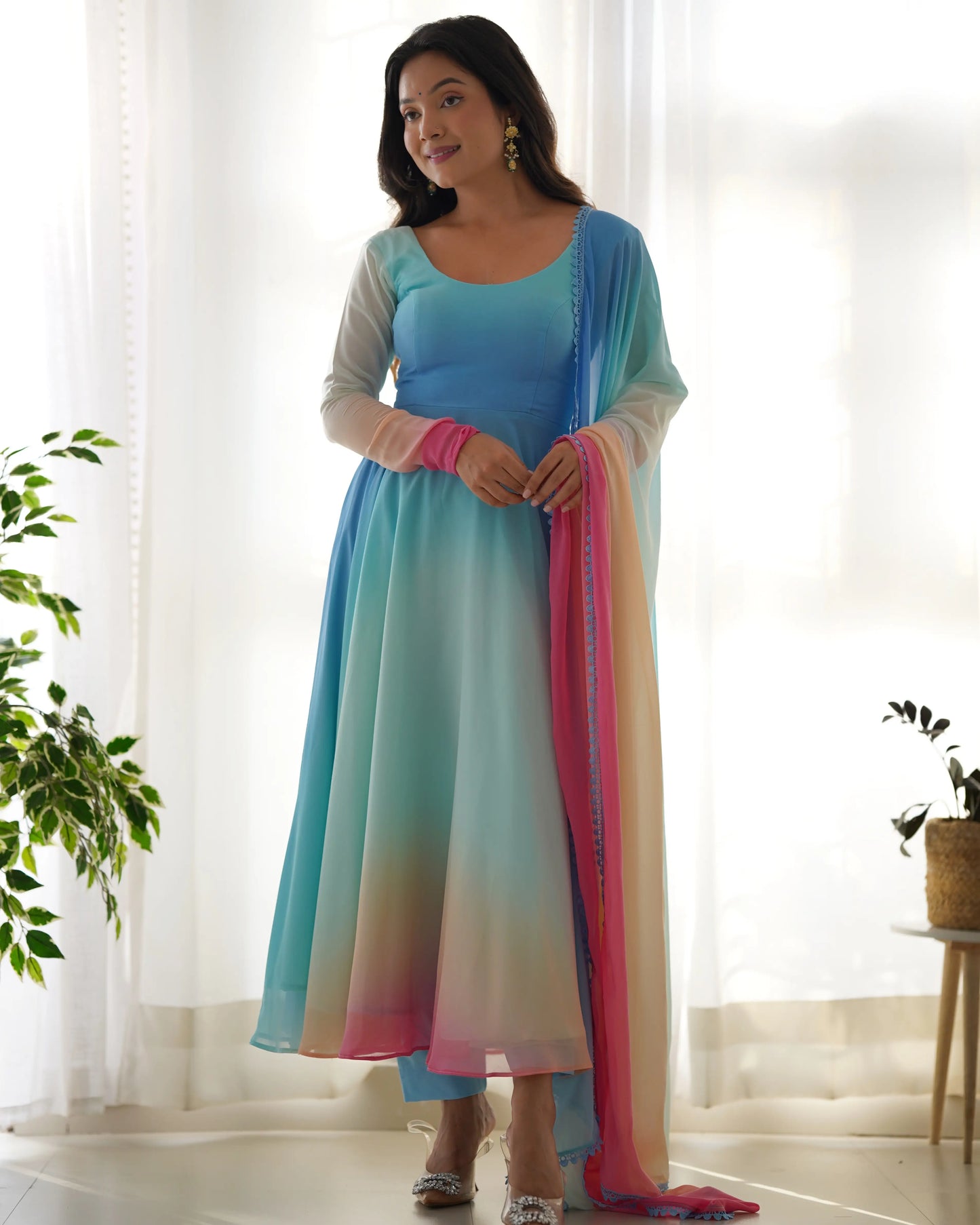 Sky Blue With Colorful Padding Plain Georgette Gown With Dupatta