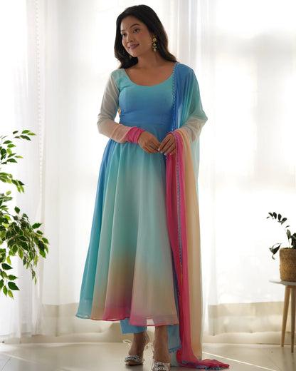 Sky Blue With Colorful Padding Plain Georgette Gown With Dupatta
