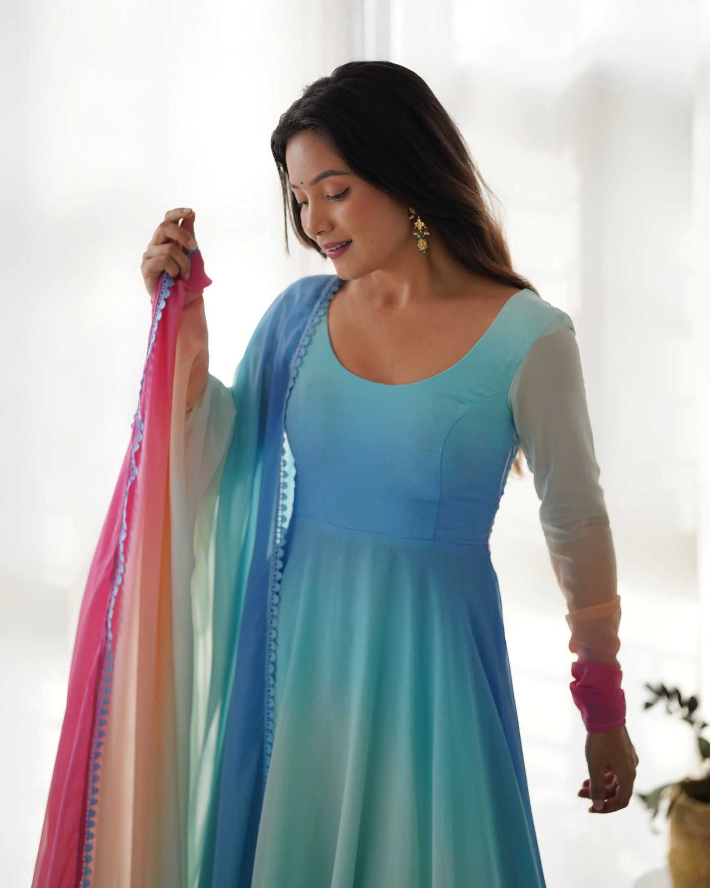 Sky Blue With Colorful Padding Plain Georgette Gown With Dupatta