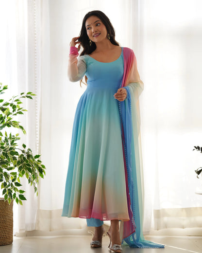 Sky Blue With Colorful Padding Plain Georgette Gown With Dupatta