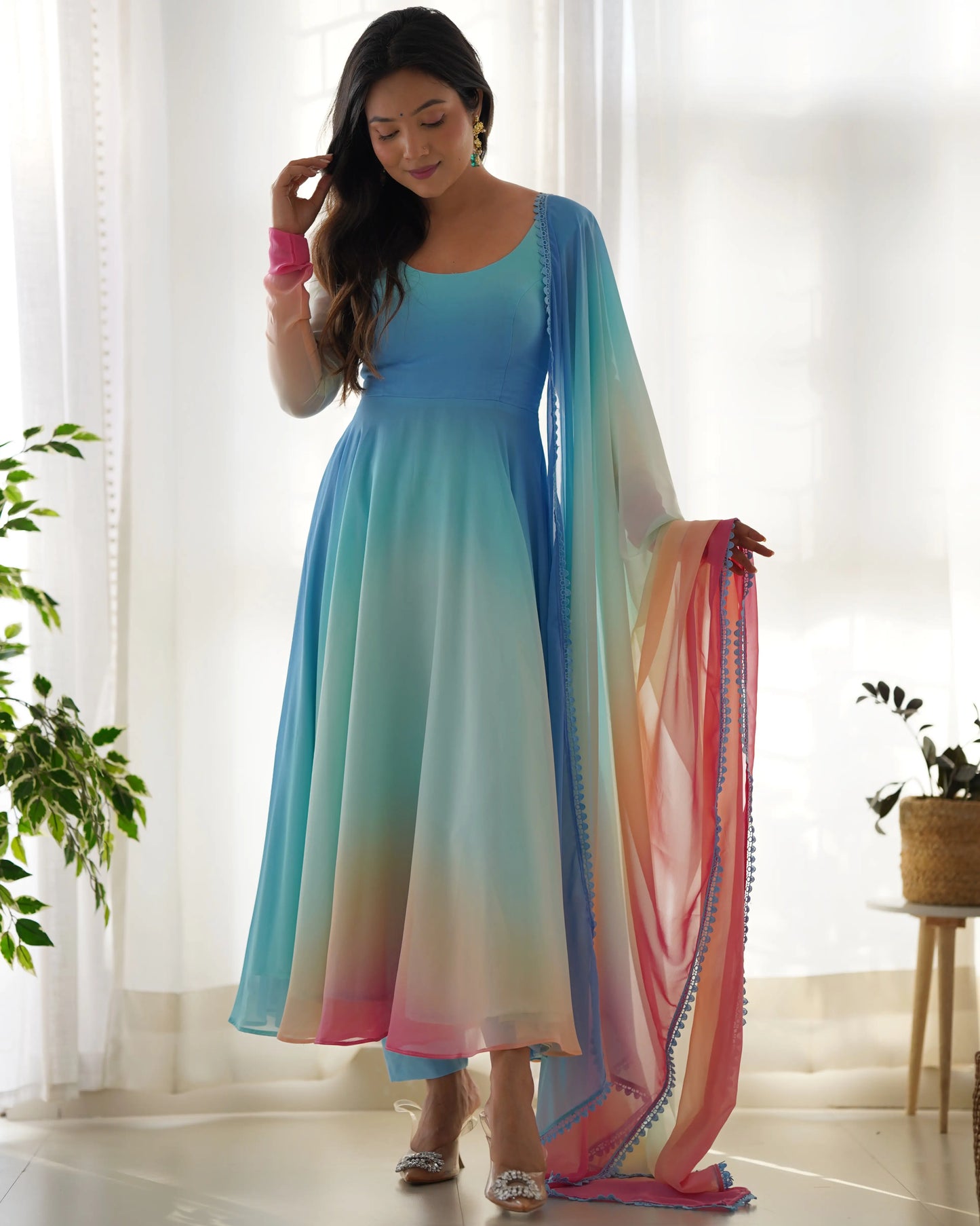 Sky Blue With Colorful Padding Plain Georgette Gown With Dupatta
