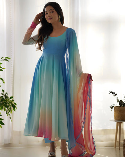 Sky Blue With Colorful Padding Plain Georgette Gown With Dupatta