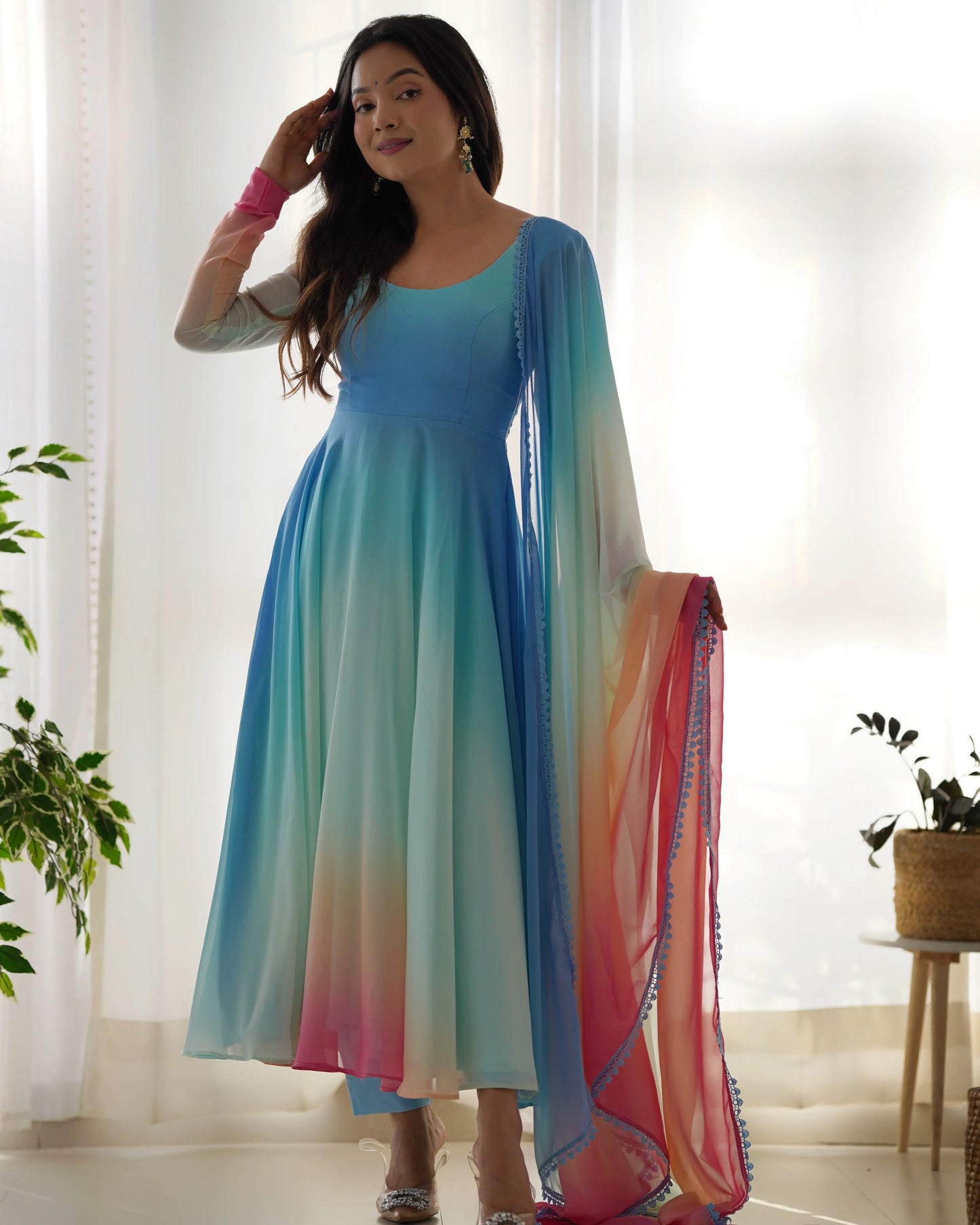 Sky Blue With Colorful Padding Plain Georgette Gown With Dupatta