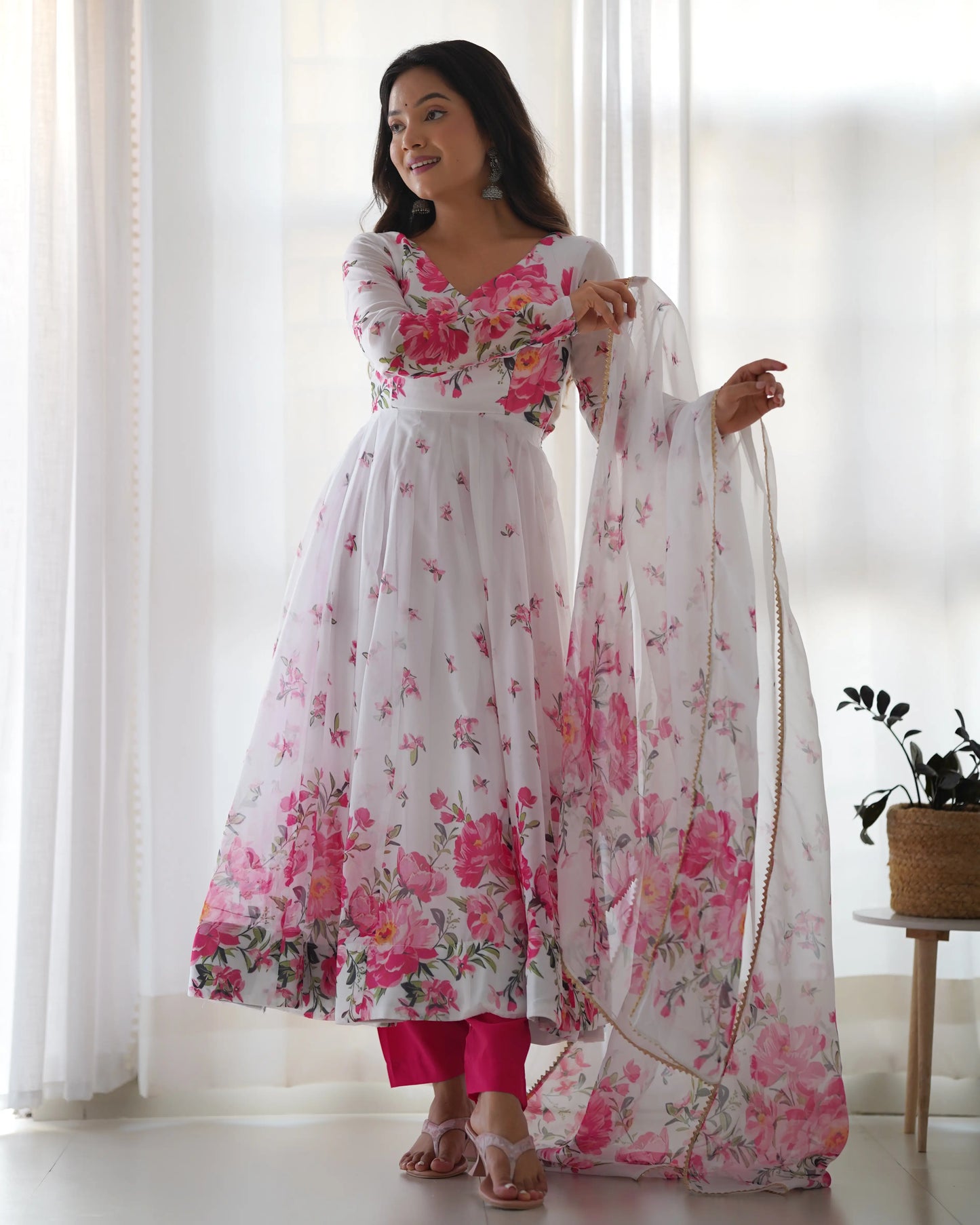 White Organza Pink Rose Floral Print Gown With Dupatta