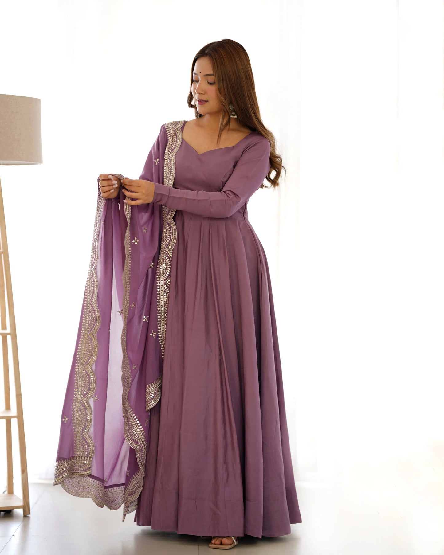 Dark Mauve Purple Silk Anarkali Gown With Georgette Embroidery Work Dupatta
