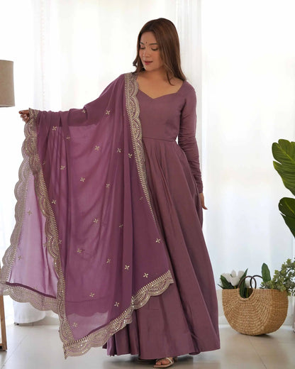 Dark Mauve Purple Silk Anarkali Gown With Georgette Embroidery Work Dupatta