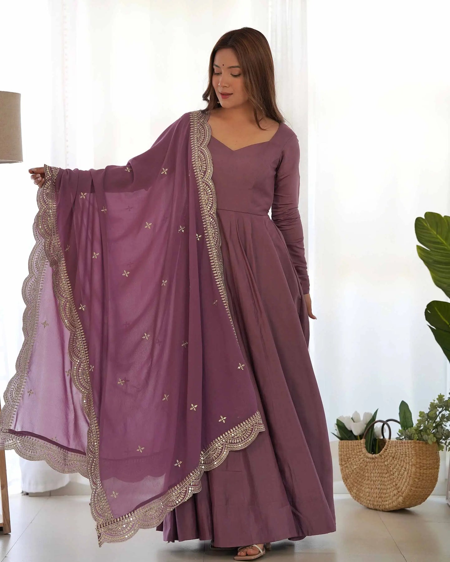 Dark Mauve Purple Silk Anarkali Gown With Georgette Embroidery Work Dupatta