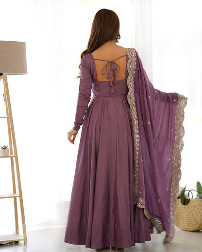 Dark Mauve Purple Silk Anarkali Gown With Georgette Embroidery Work Dupatta