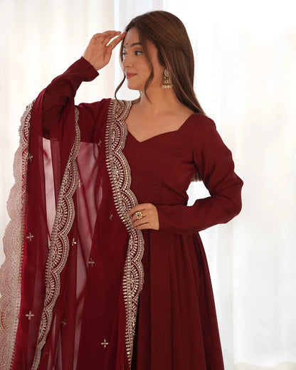 Maroon Silk Anarkali Gown With Georgette Embroidery Work Dupatta