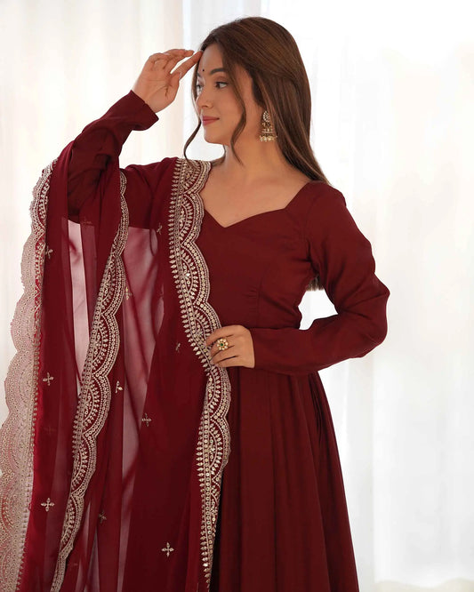 Maroon Silk Anarkali Gown With Georgette Embroidery Work Dupatta