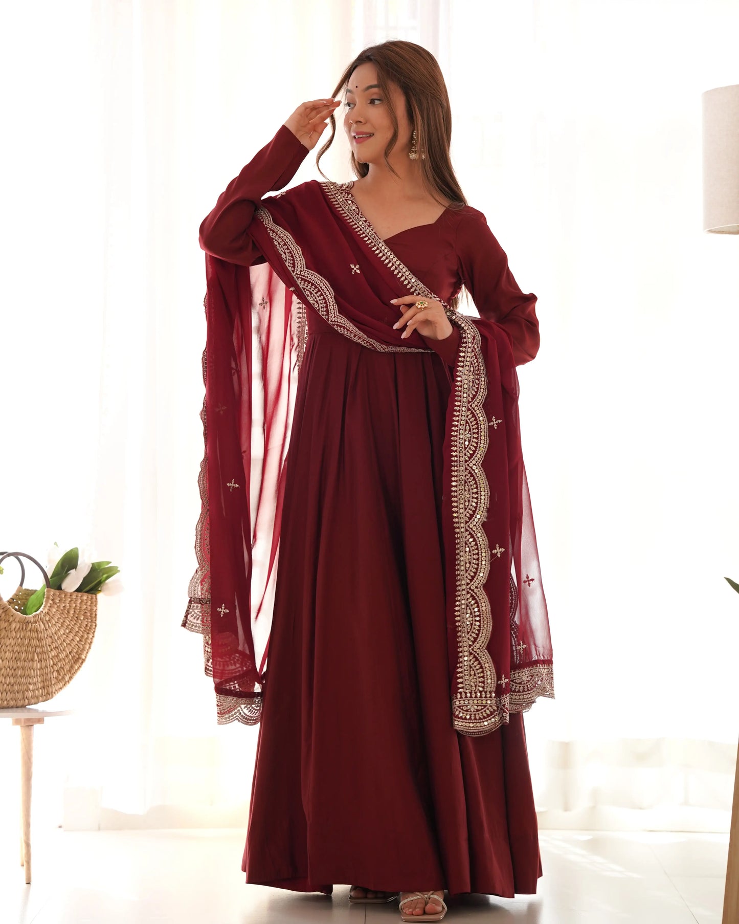 Maroon Silk Anarkali Gown With Georgette Embroidery Work Dupatta