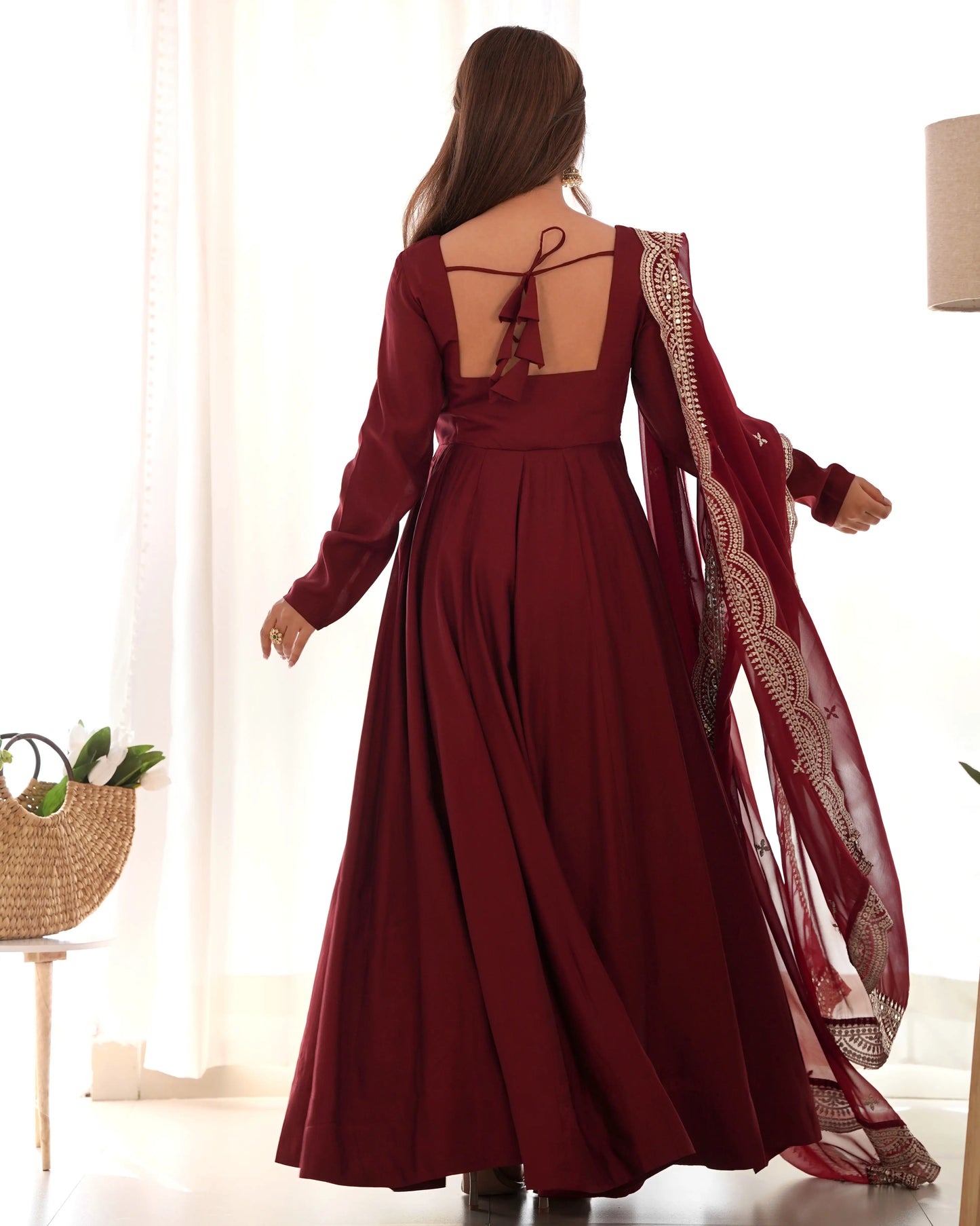Maroon Silk Anarkali Gown With Georgette Embroidery Work Dupatta