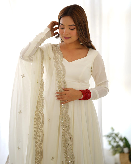 Off White Silk Anarkali Gown With Georgette Embroidery Work Dupatta
