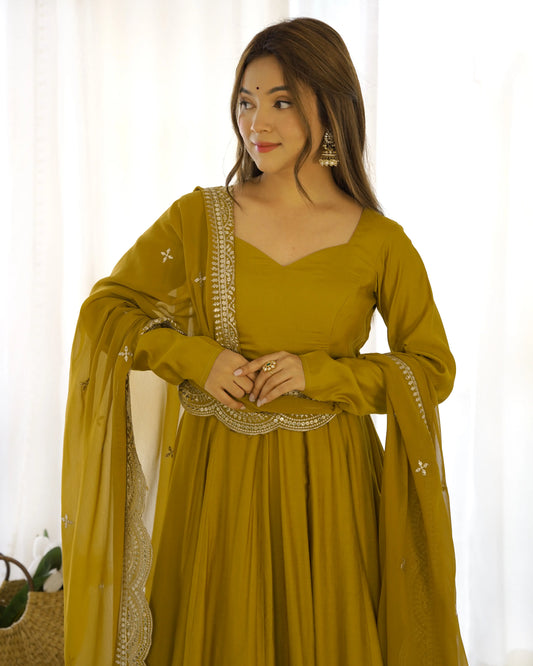 Mustard Yellow Silk Anarkali Gown With Georgette Embroidery Work Dupatta