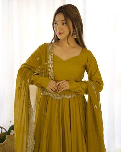 Mustard Yellow Silk Anarkali Gown With Georgette Embroidery Work Dupatta