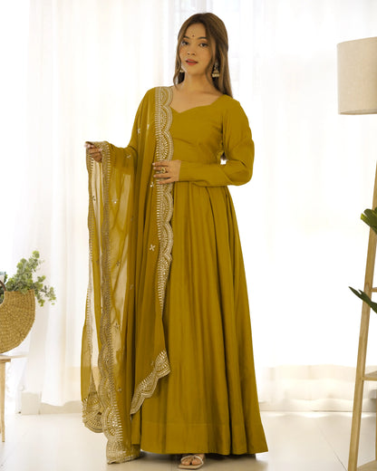 Mustard Yellow Silk Anarkali Gown With Georgette Embroidery Work Dupatta