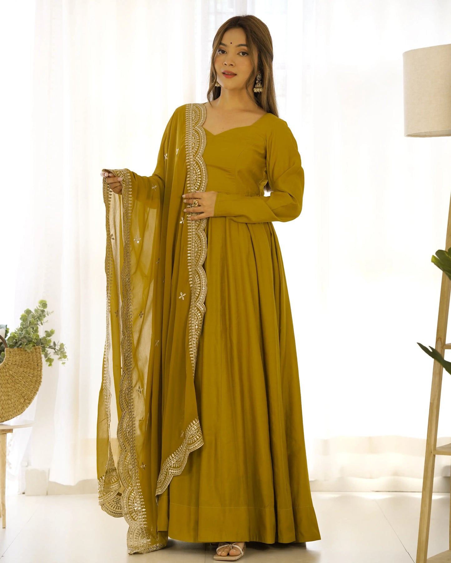 Mustard Yellow Silk Anarkali Gown With Georgette Embroidery Work Dupatta