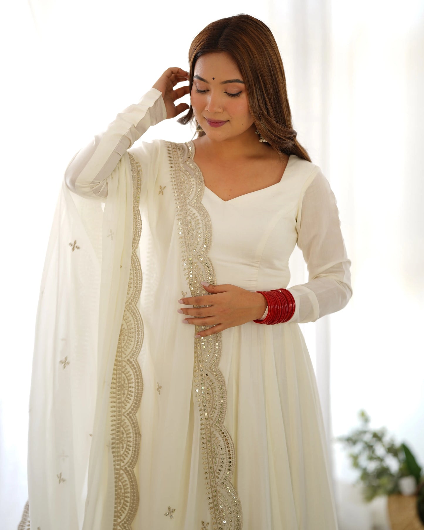 Off White Silk Anarkali Gown With Georgette Embroidery Work Dupatta