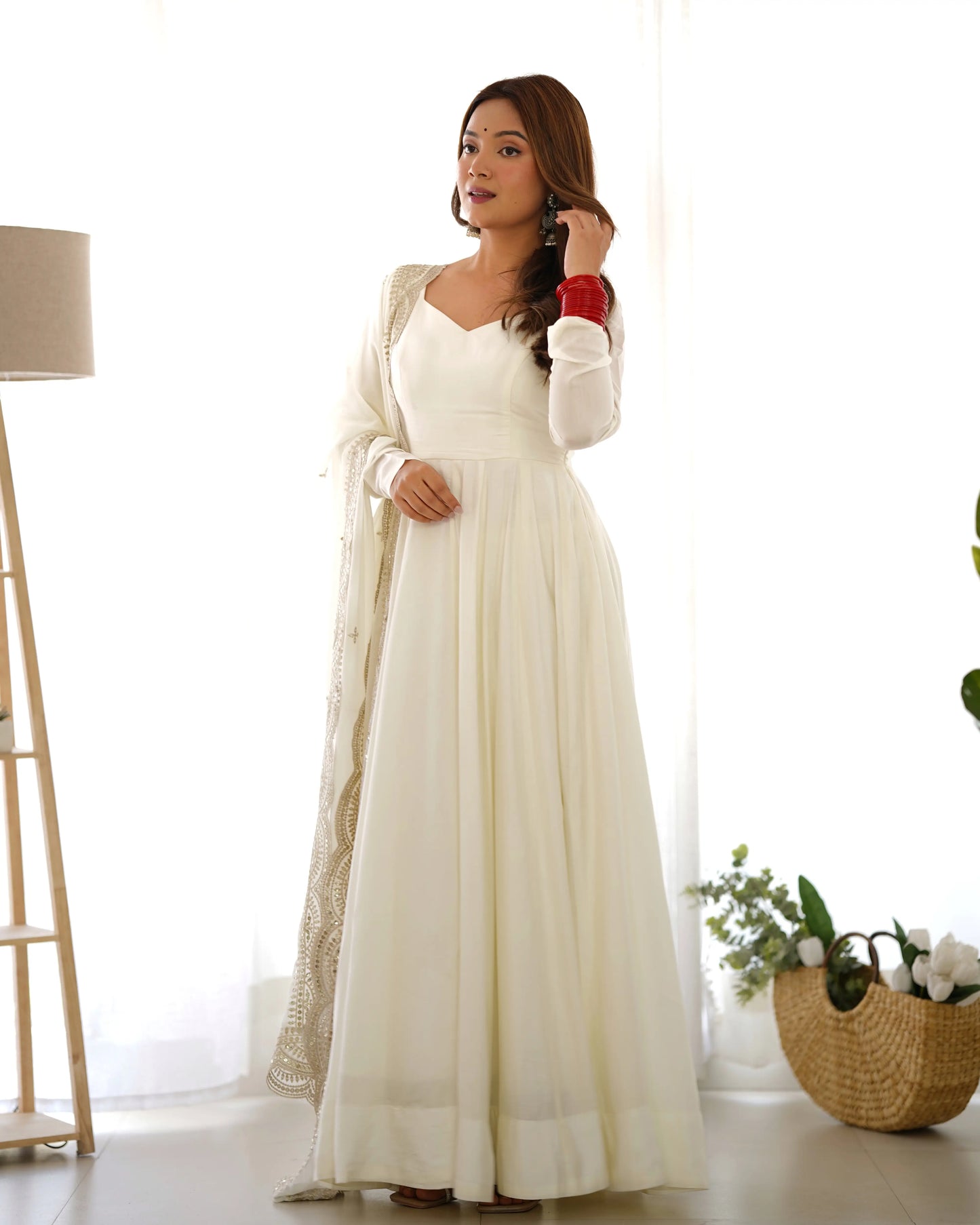Off White Silk Anarkali Gown With Georgette Embroidery Work Dupatta