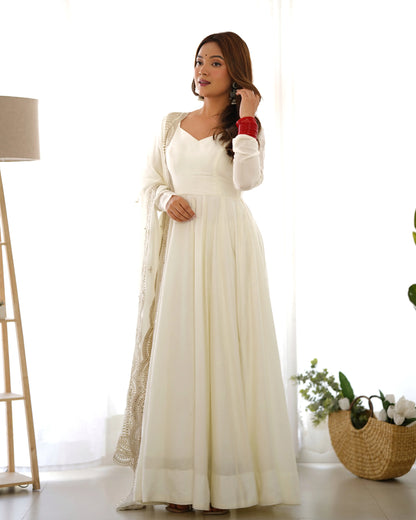 Off White Silk Anarkali Gown With Georgette Embroidery Work Dupatta