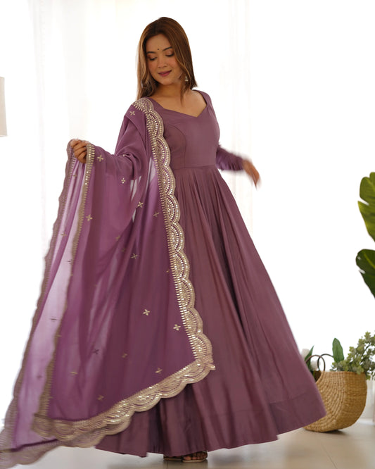 Dark Mauve Purple Silk Anarkali Gown With Georgette Embroidery Work Dupatta