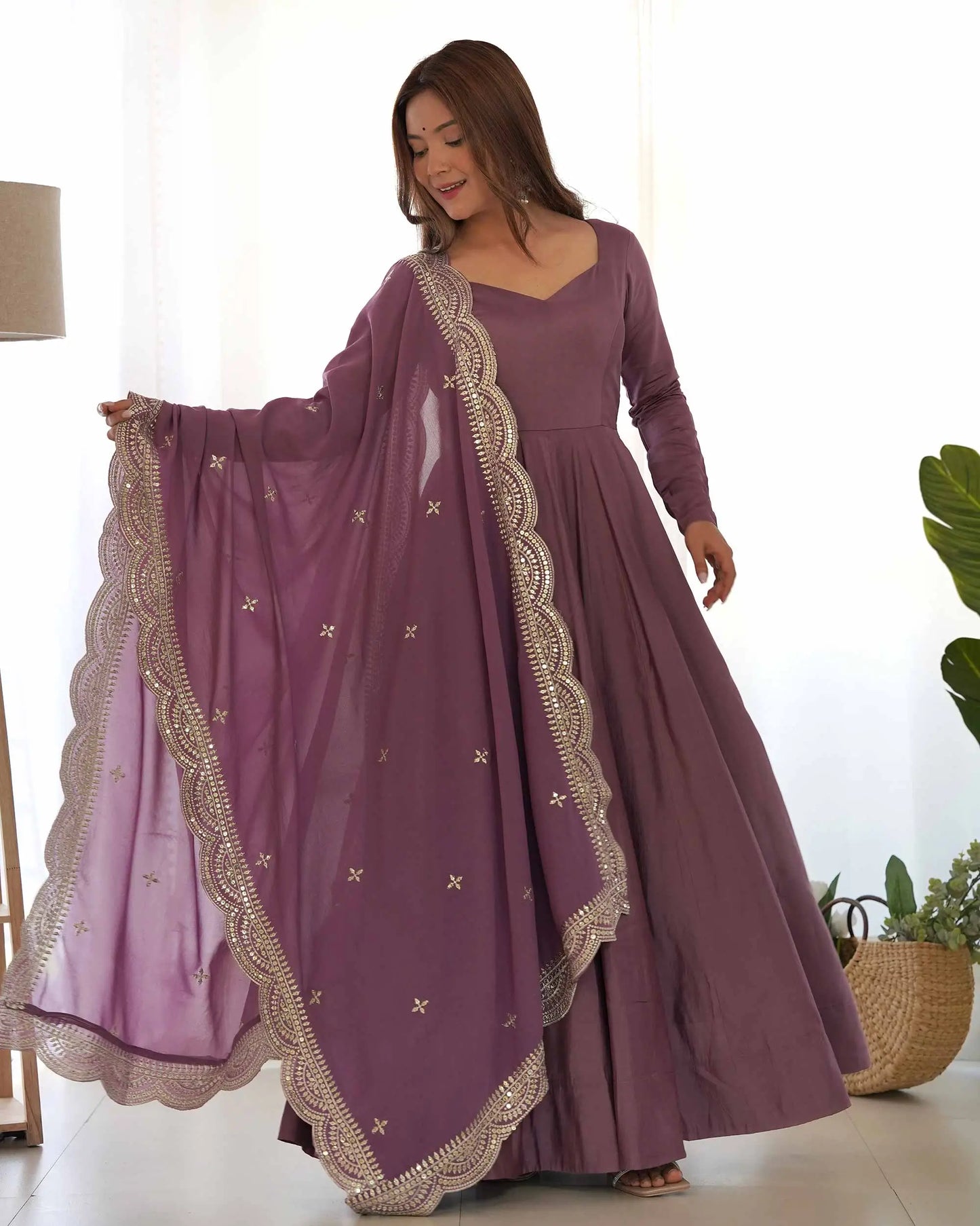 Dark Mauve Purple Silk Anarkali Gown With Georgette Embroidery Work Dupatta