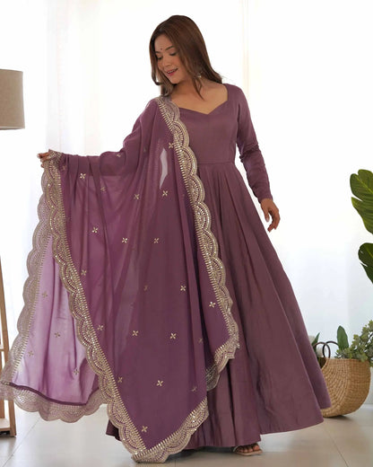 Dark Mauve Purple Silk Anarkali Gown With Georgette Embroidery Work Dupatta