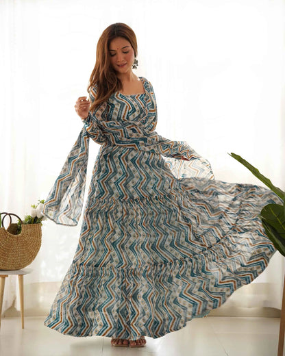 Light Blue Georgette Zigzag Print Three Layered Gown With Dupatta