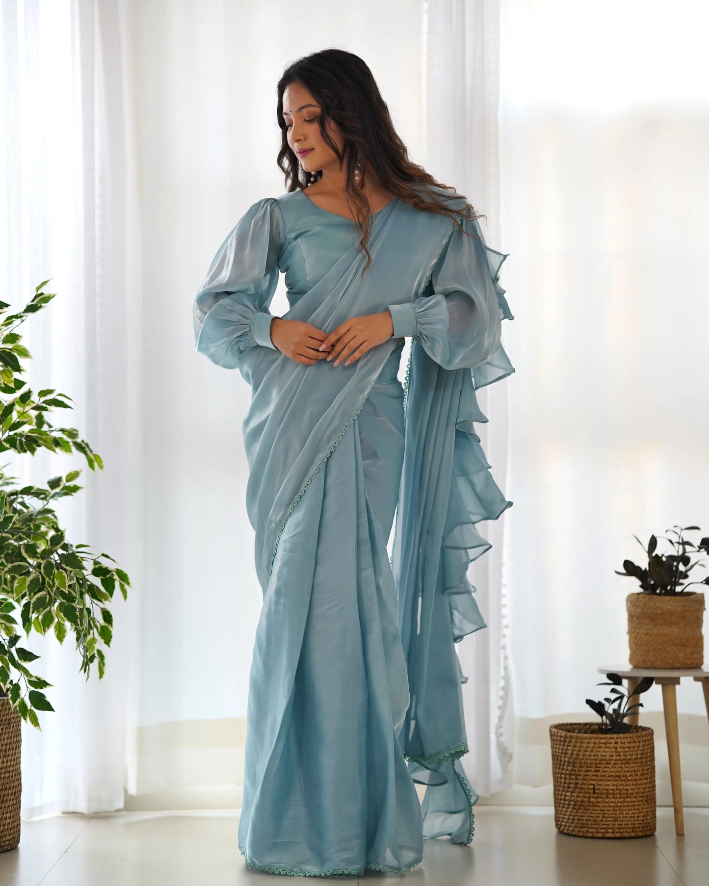 Sky Blue Jimmy Choo Organza Pre Draped Ready To Wear  Saree