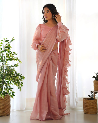 Peach Jimmy Choo Organza Pre Draped Ready To Wear  Saree