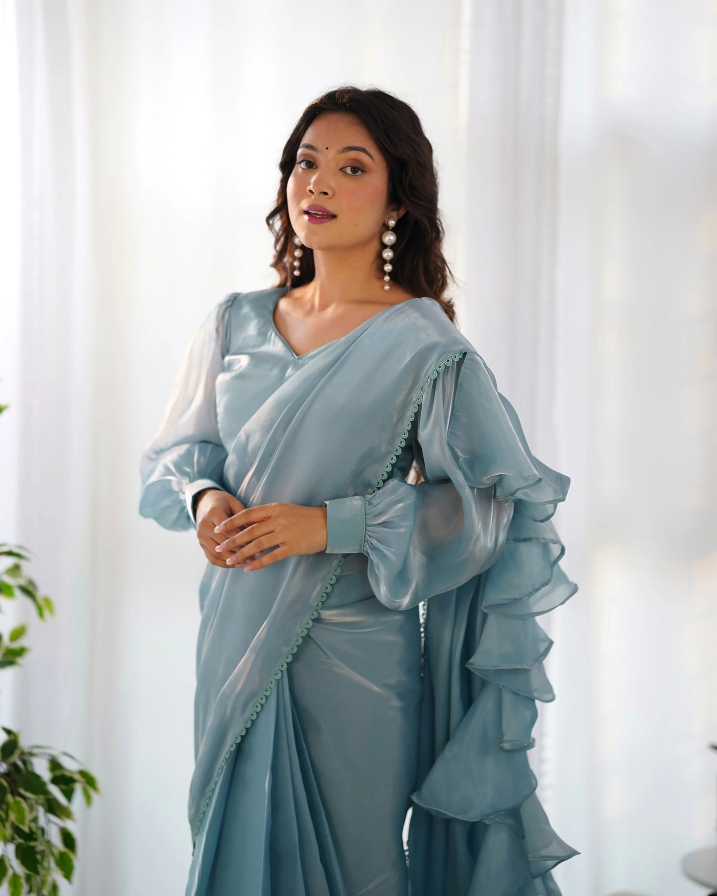 Sky Blue Jimmy Choo Organza Pre Draped Ready To Wear  Saree