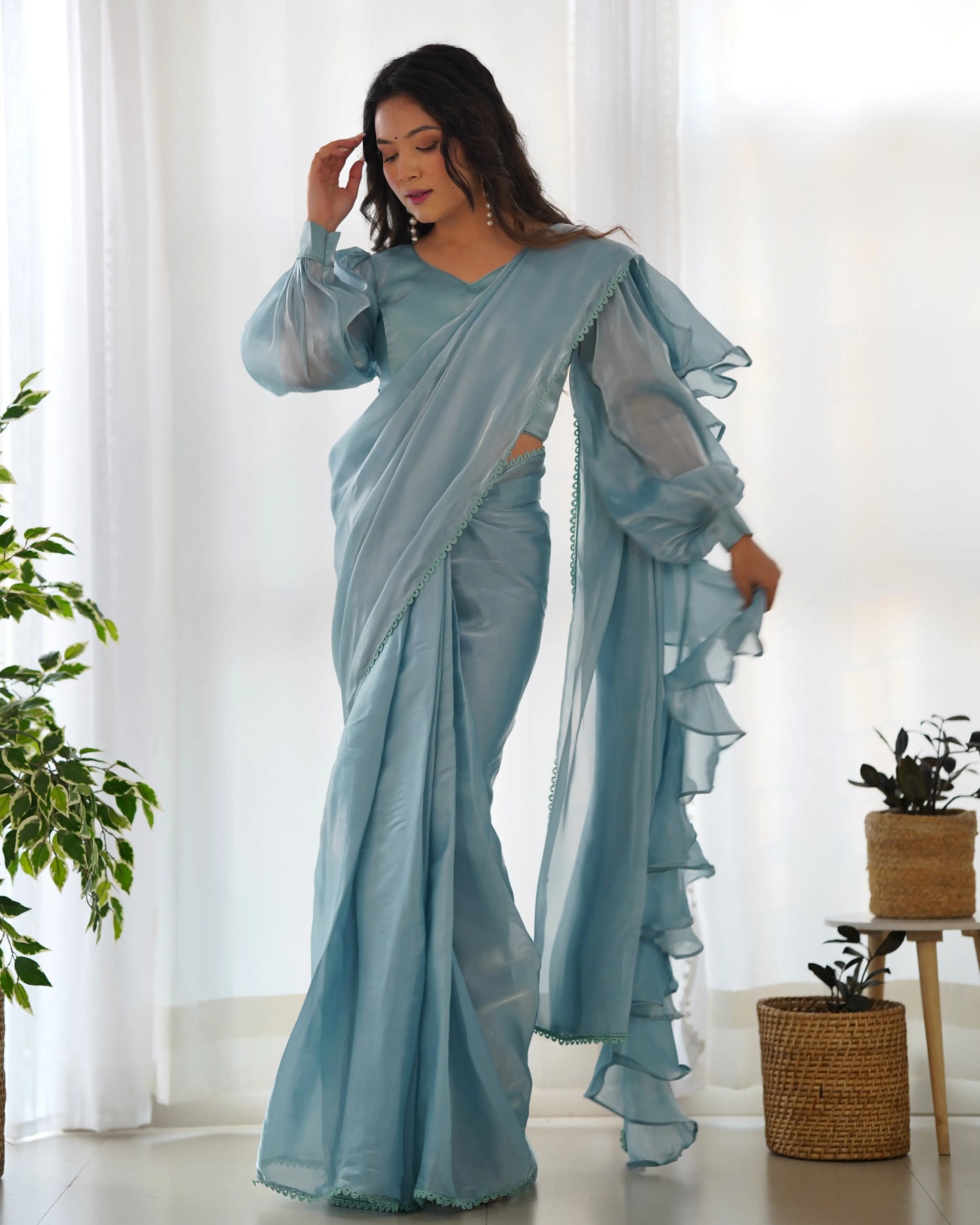Sky Blue Jimmy Choo Organza Pre Draped Ready To Wear  Saree