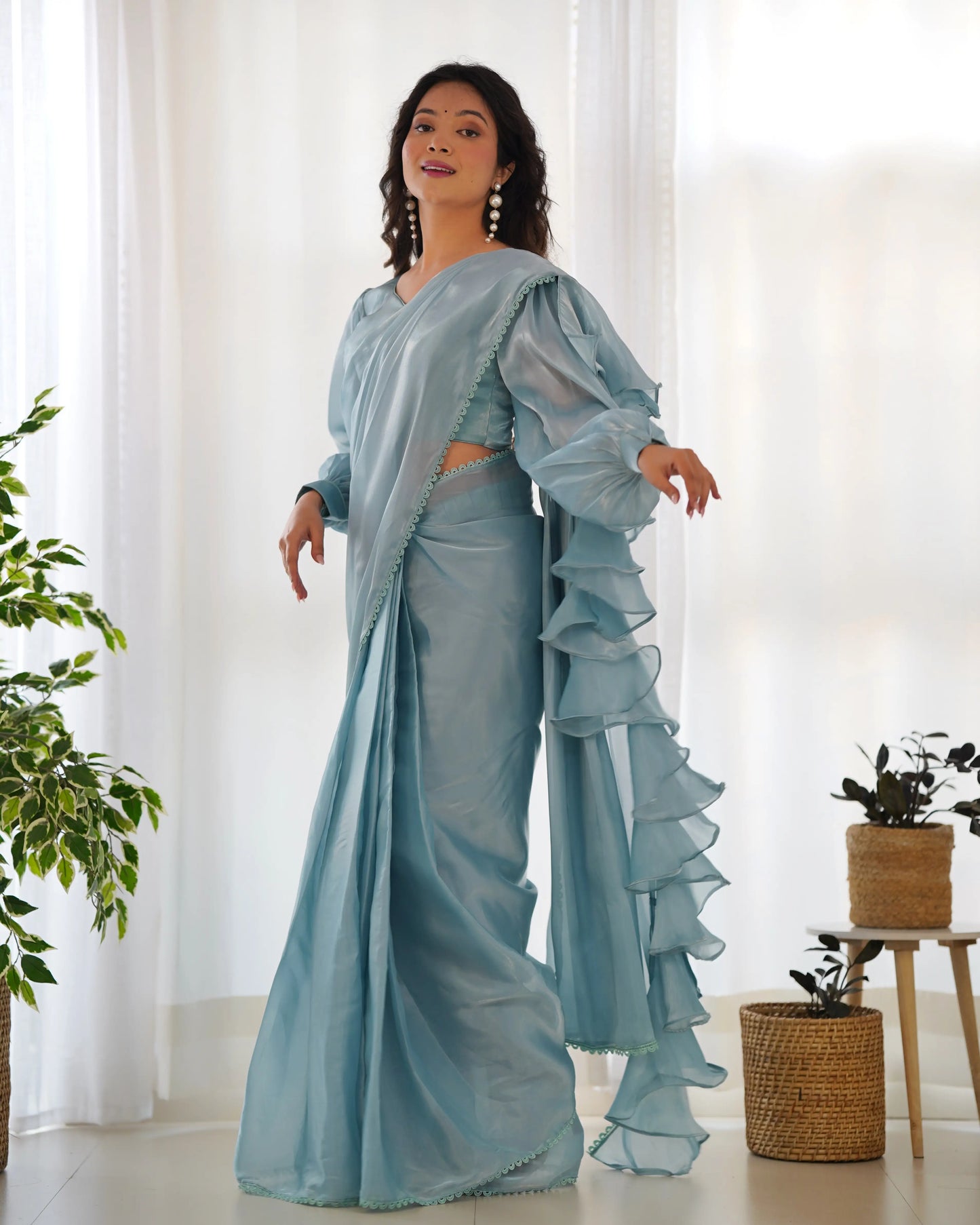 Sky Blue Jimmy Choo Organza Pre Draped Ready To Wear  Saree