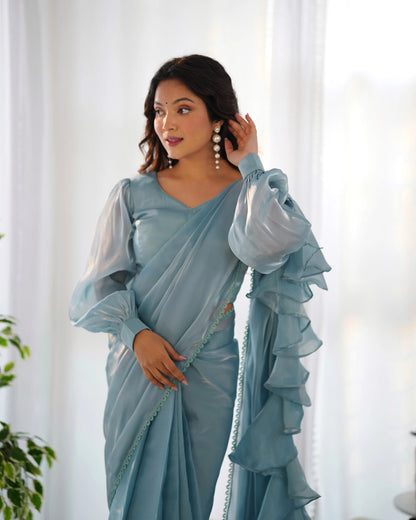 Sky Blue Jimmy Choo Organza Pre Draped Ready To Wear  Saree