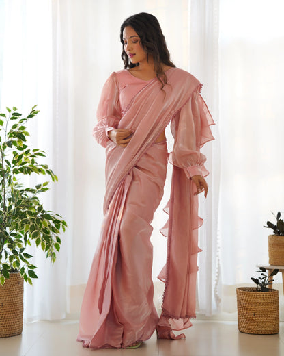 Peach Jimmy Choo Organza Pre Draped Ready To Wear  Saree