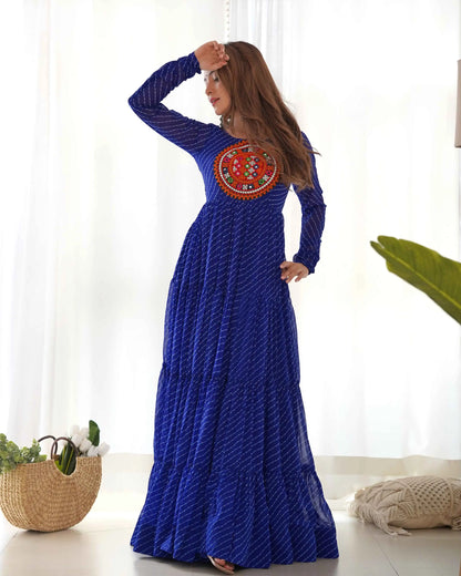 Royal Blue Laheriya Print With Gamthi Patch Work Navratri Gown