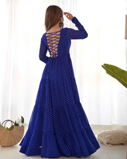 Royal Blue Laheriya Print With Gamthi Patch Work Navratri Gown