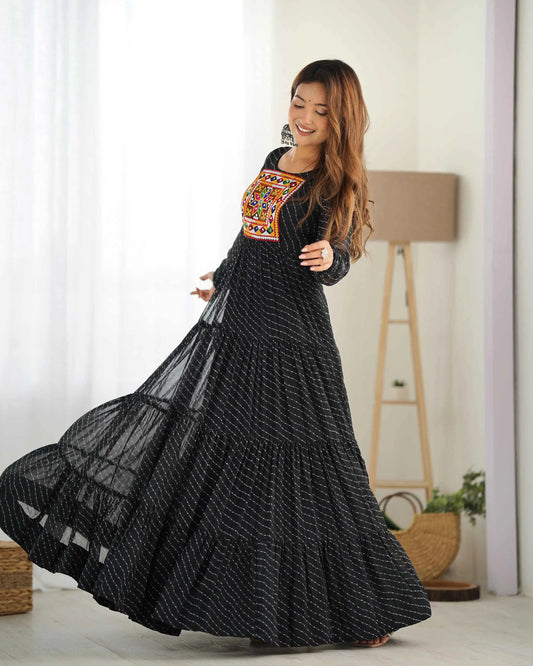 Black Laheriya Print With Gamthi Patch Work Navratri Gown