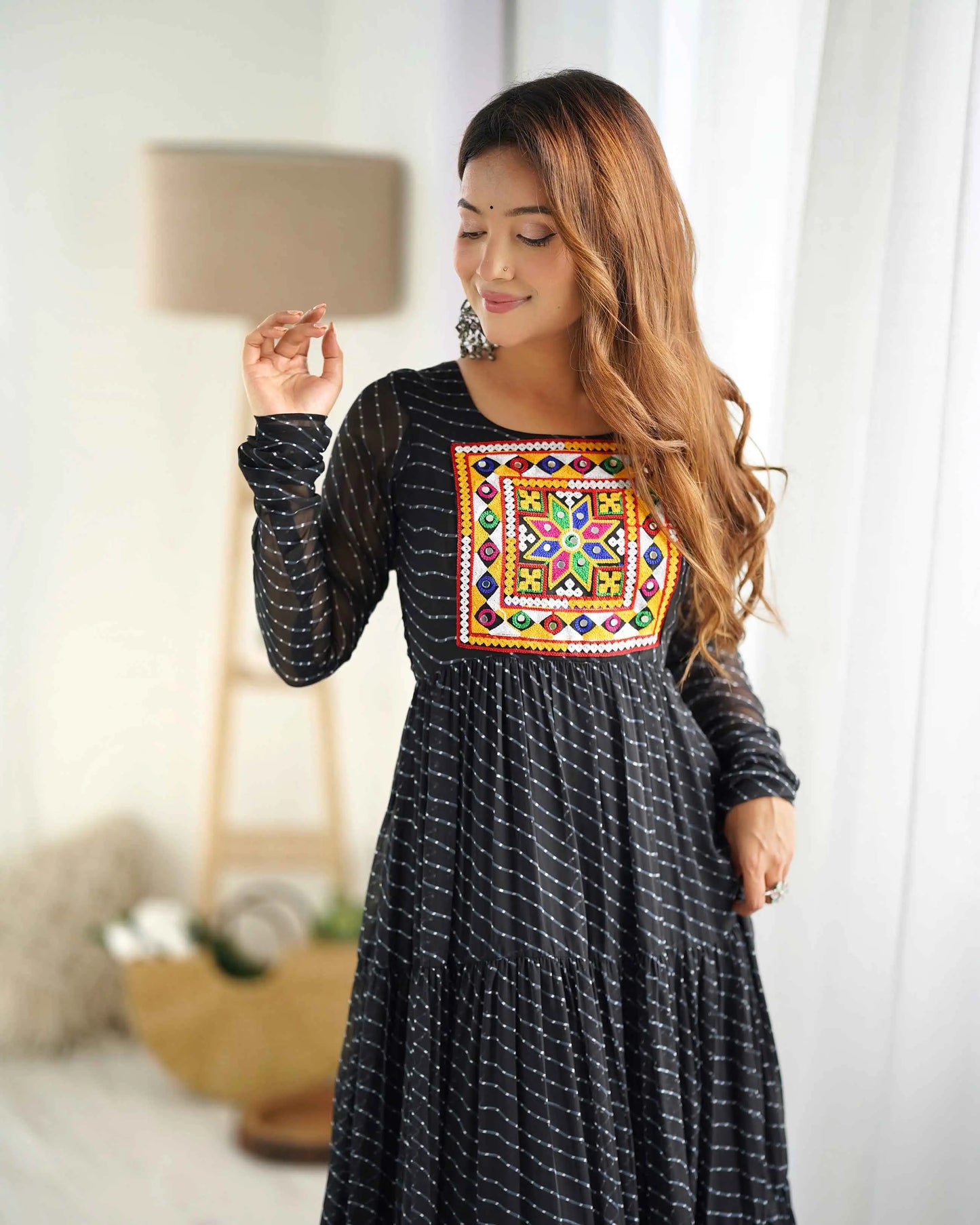 Black Laheriya Print With Gamthi Patch Work Navratri Gown