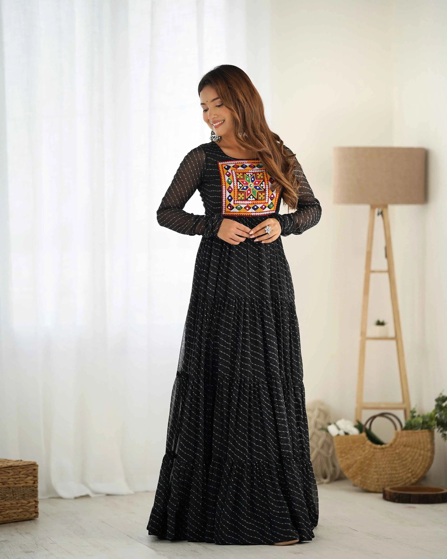 Black Laheriya Print With Gamthi Patch Work Navratri Gown