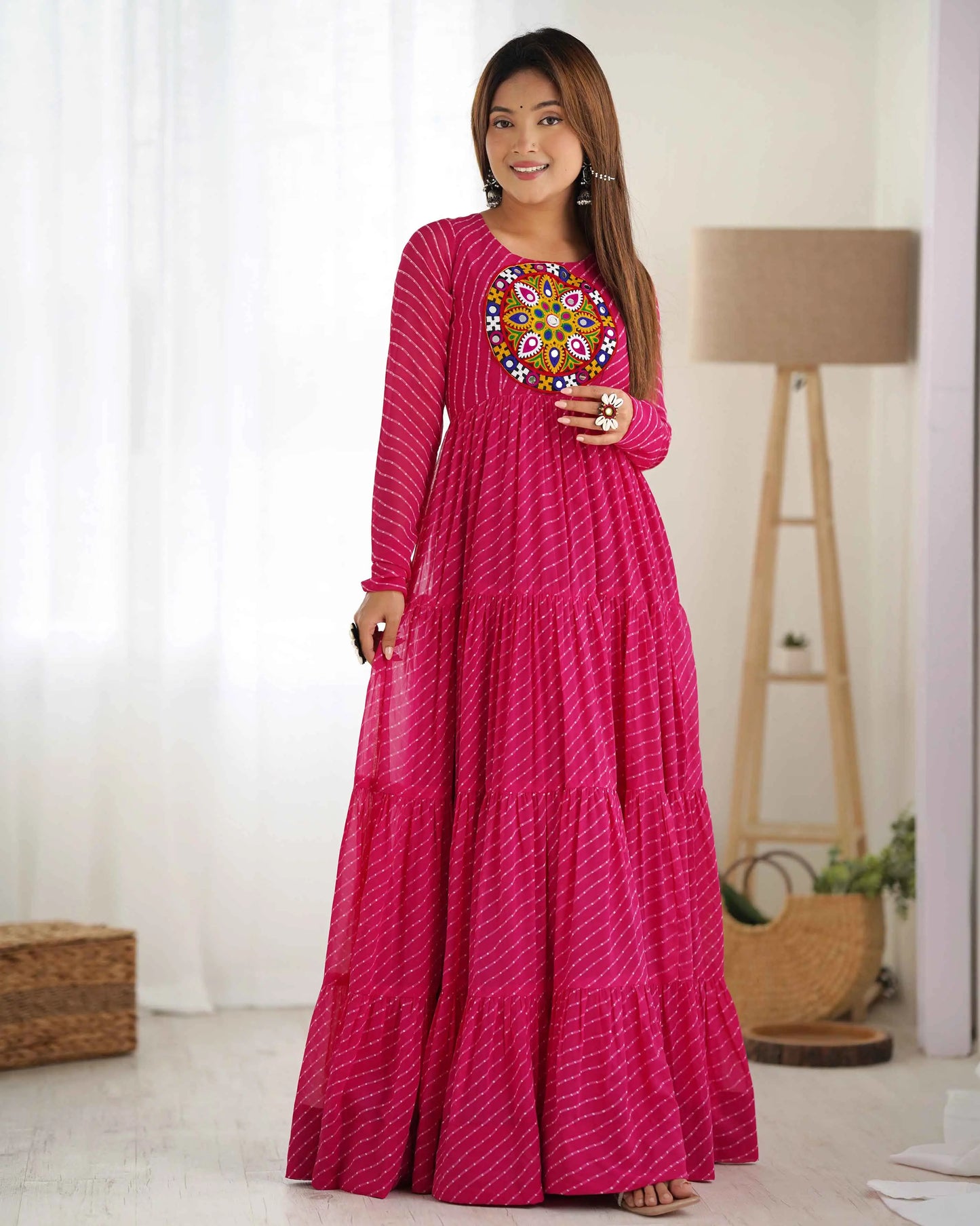Pink Laheriya Print With Gamthi Patch Work Navratri Gown