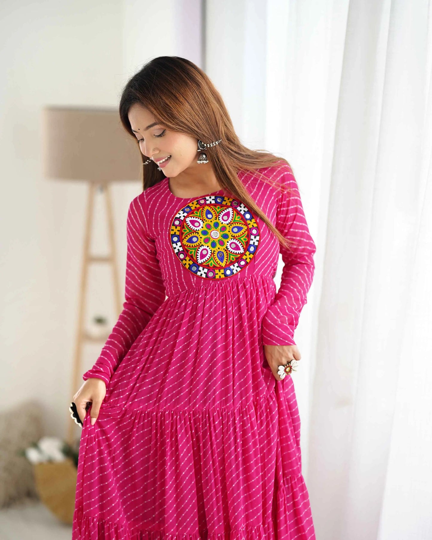 Pink Laheriya Print With Gamthi Patch Work Navratri Gown