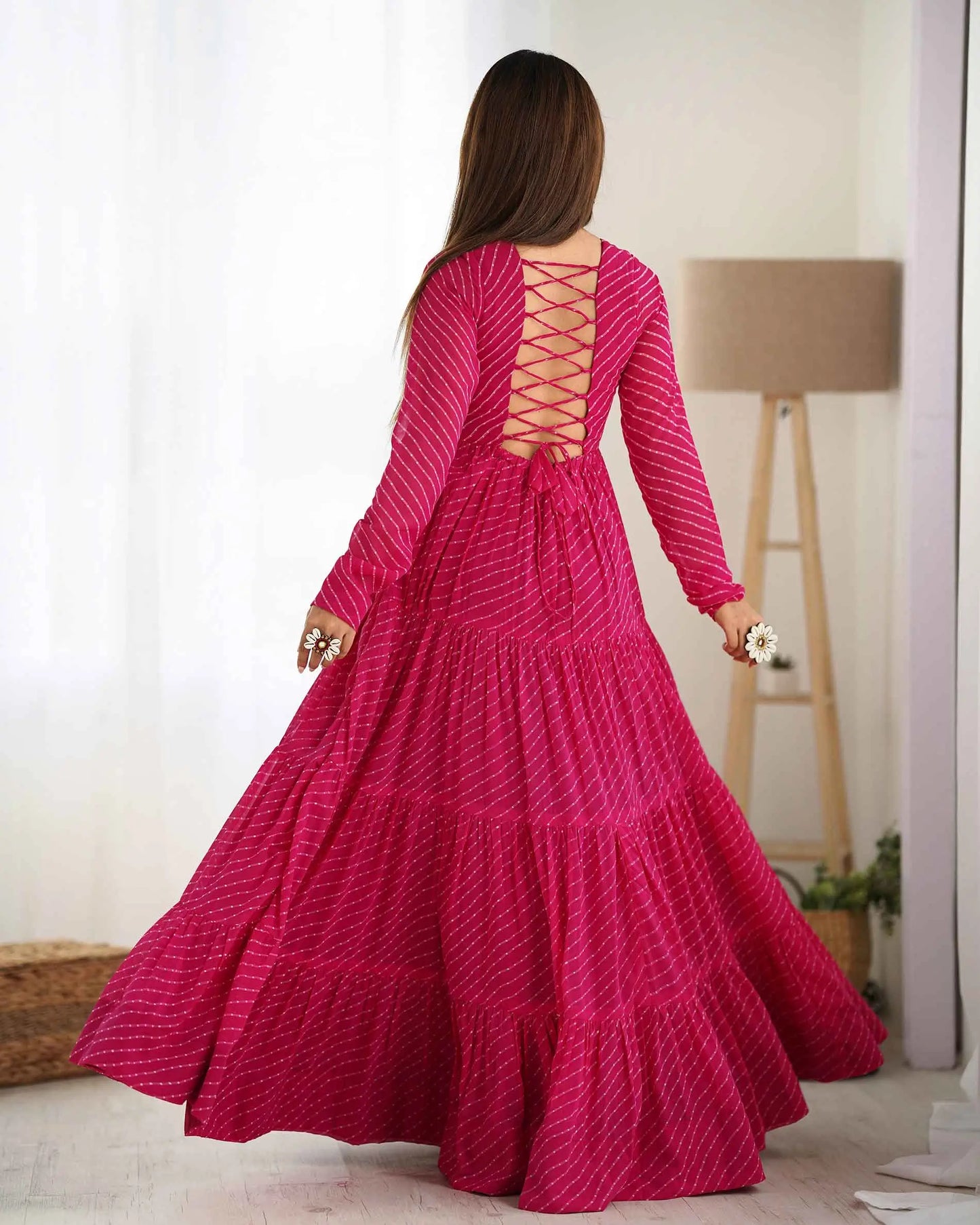 Pink Laheriya Print With Gamthi Patch Work Navratri Gown