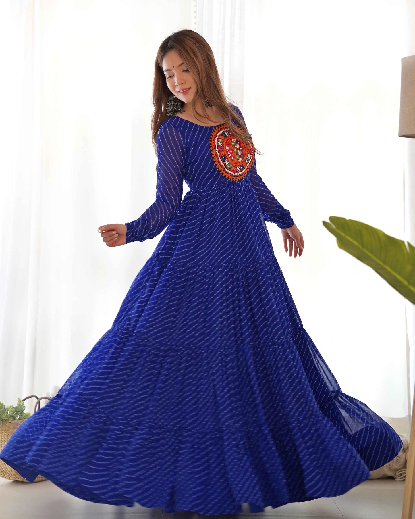 Royal Blue Laheriya Print With Gamthi Patch Work Navratri Gown
