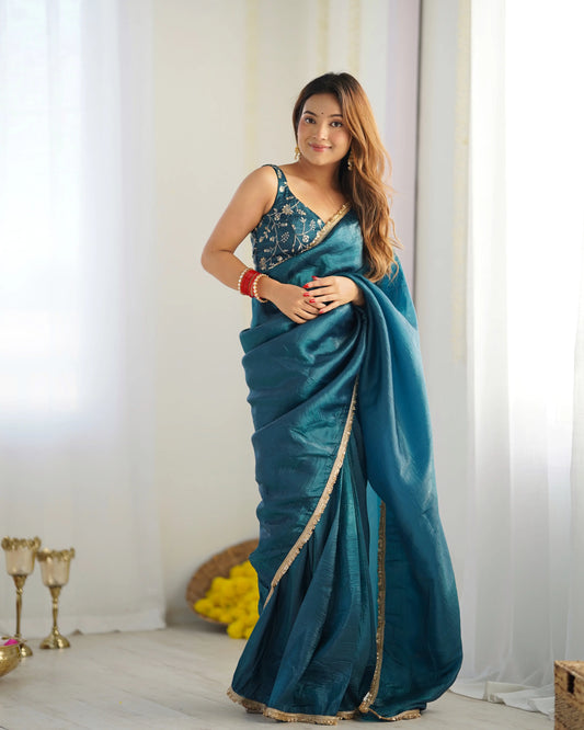 Teal Blue Gold Crush Tissue Pre Draped Ready To Wear Saree