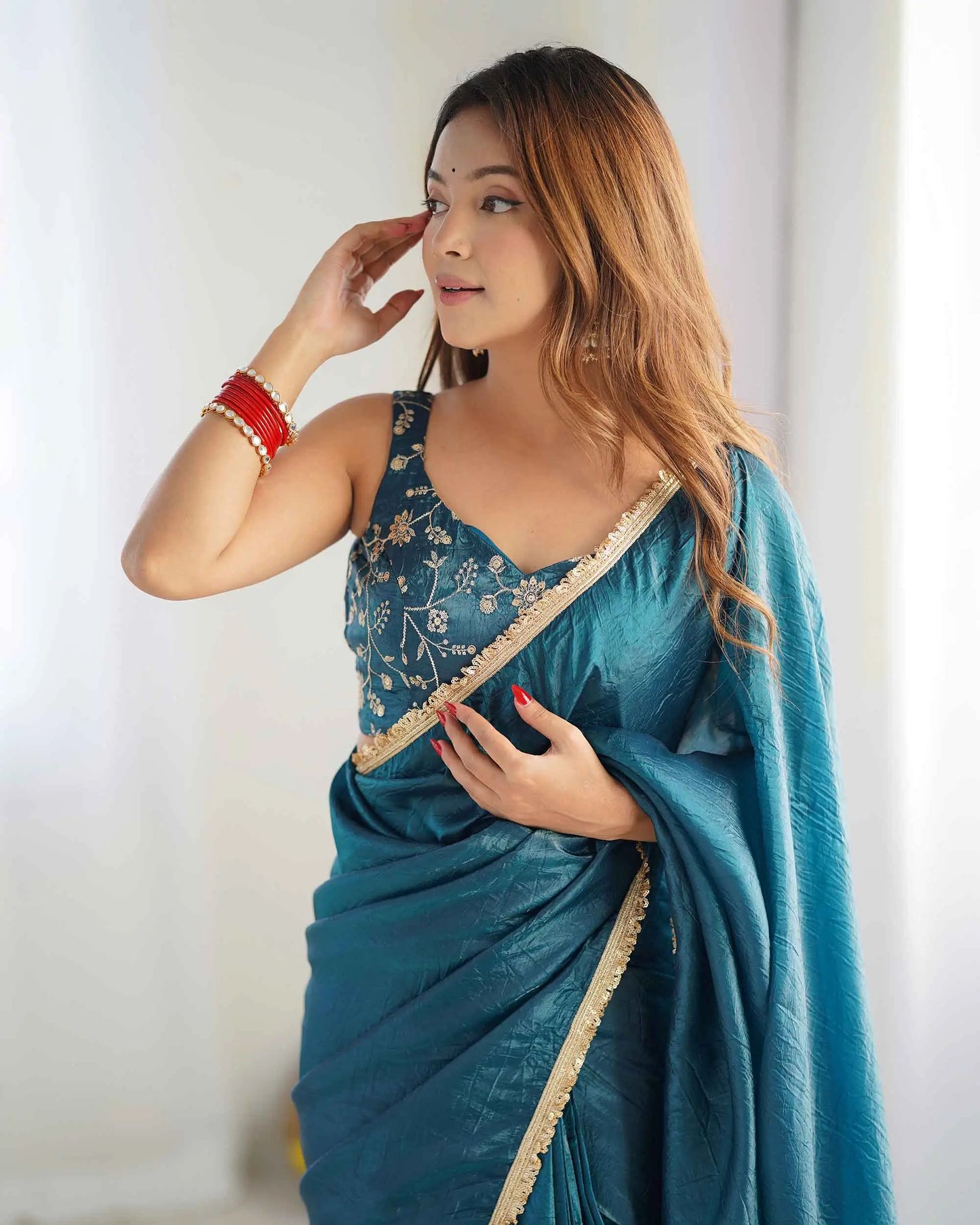 Teal Blue Gold Crush Tissue Pre Draped Ready To Wear Saree