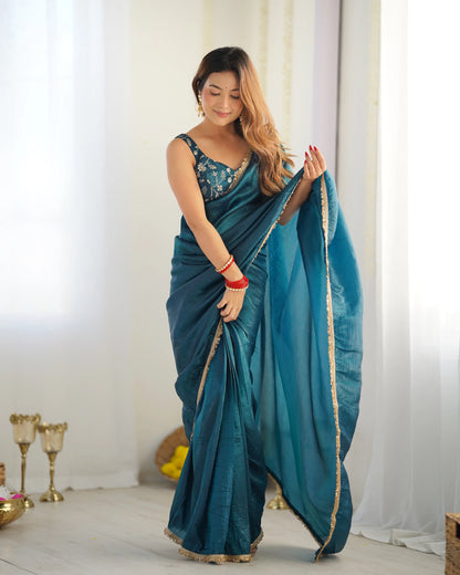 Teal Blue Gold Crush Tissue Pre Draped Ready To Wear Saree